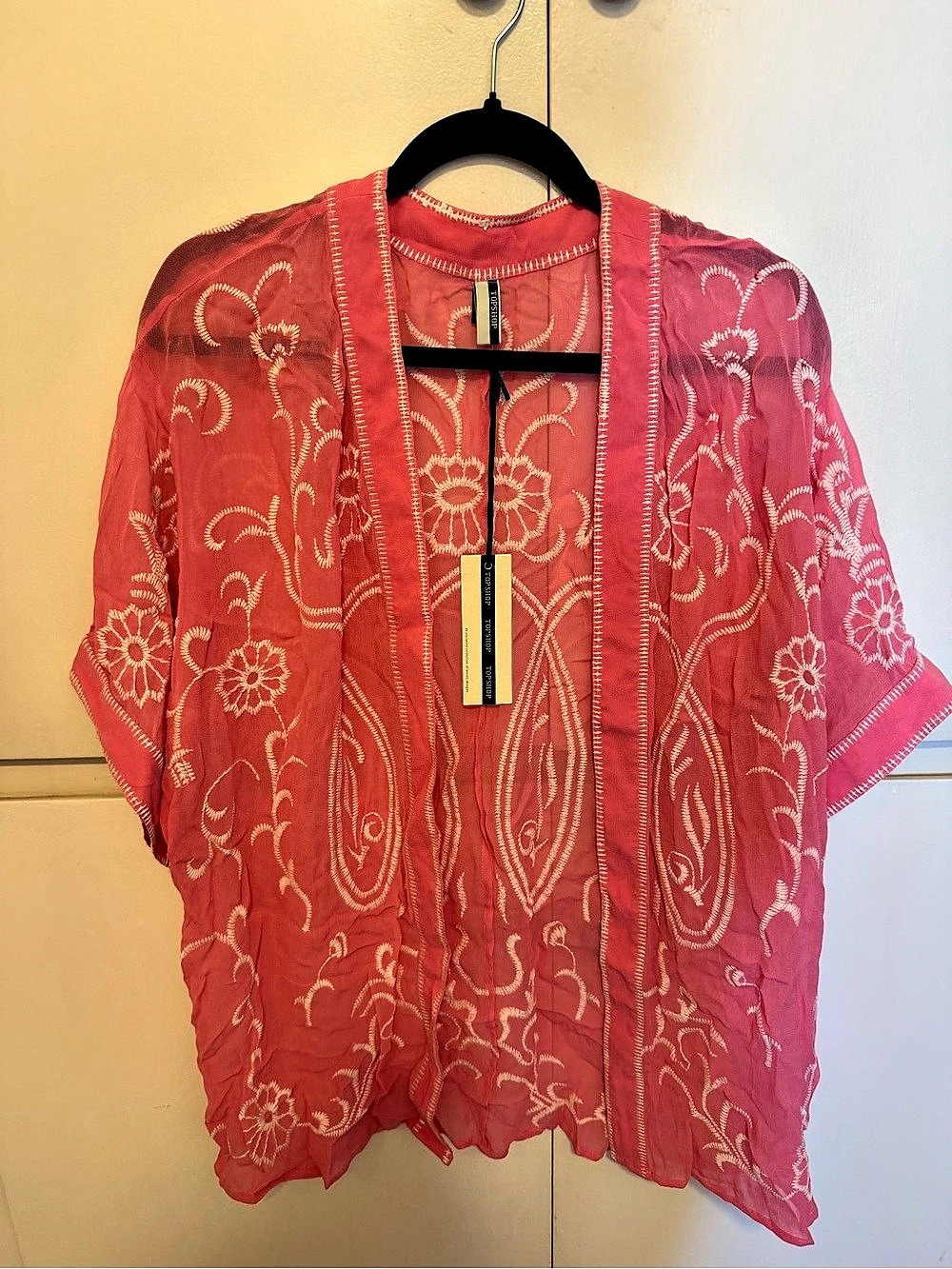 Topshop Embroidered Kimono Jacket Floral Blouse Pink UK 8